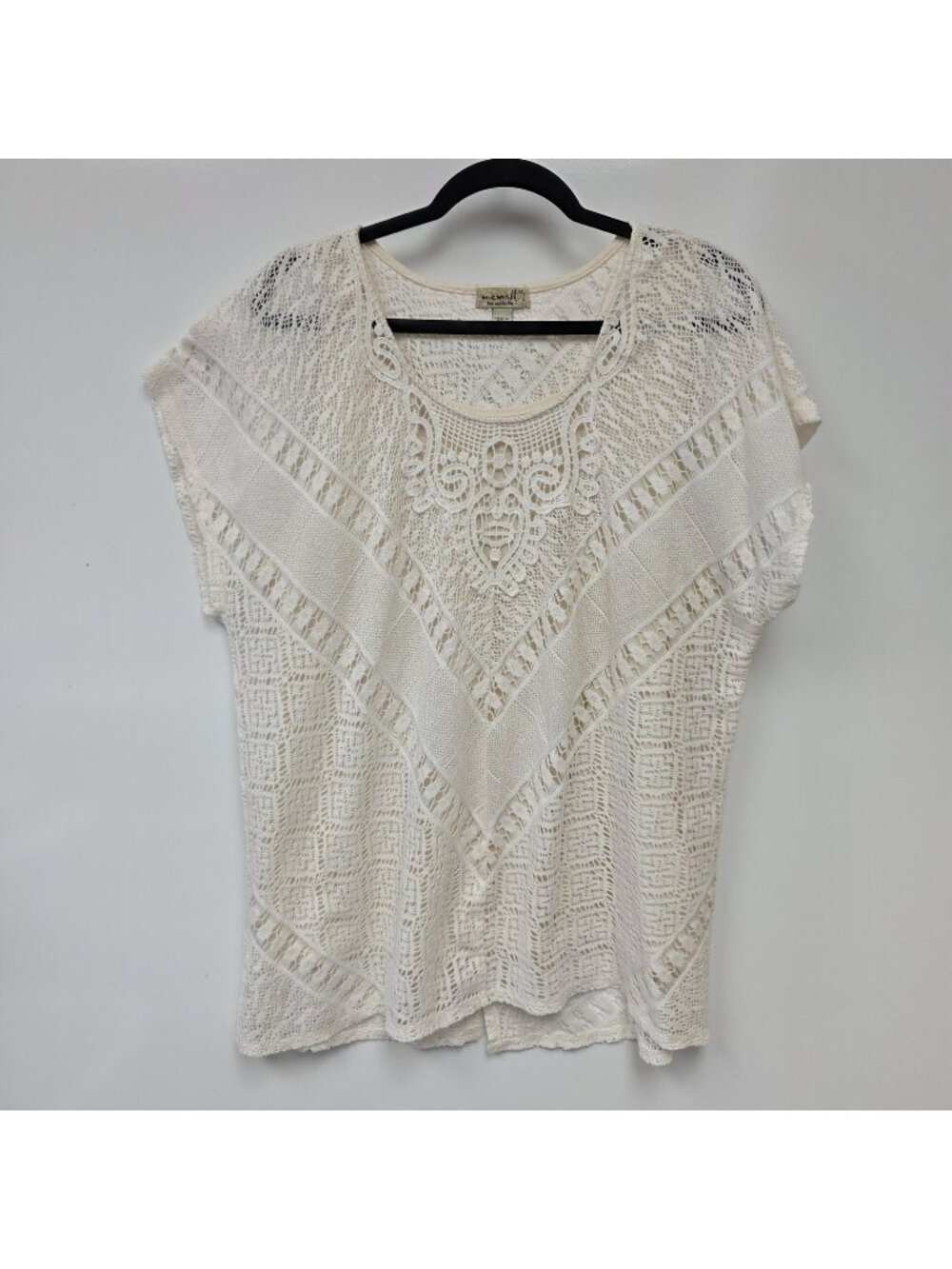 One World Shirt Womens XL White Crochet Scoop Neck Dolman Sleeve Tunic Top